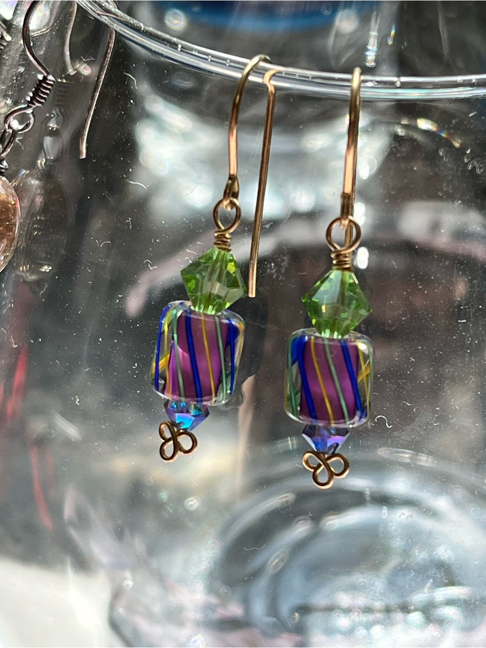 David Christensen Cane Glass Earrings Swarovski Gold Wire Celtic Knot Dangles